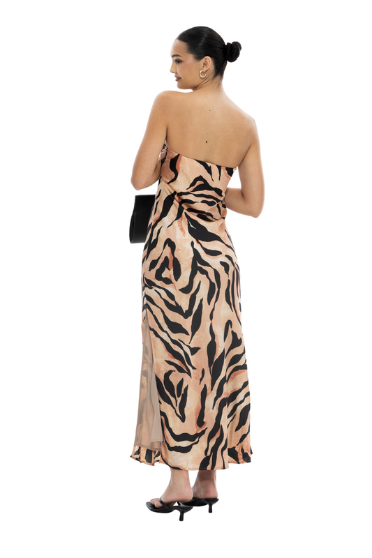 strapless zebra print maxi dress