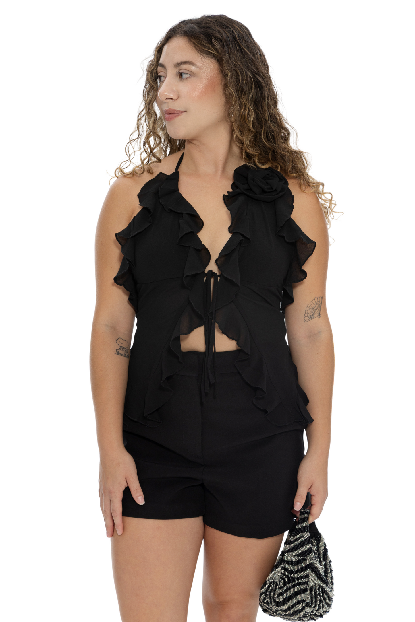 ruffle halter top with rosette detail