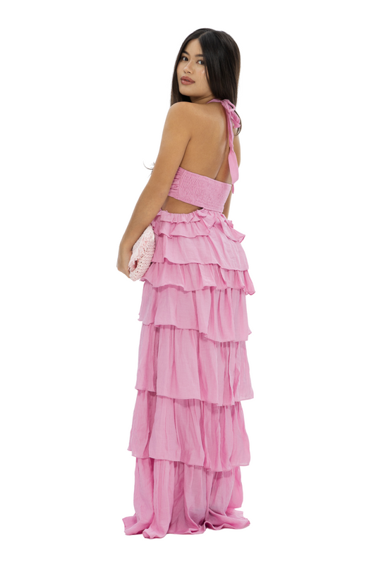 tiered ruffle halter maxi dress