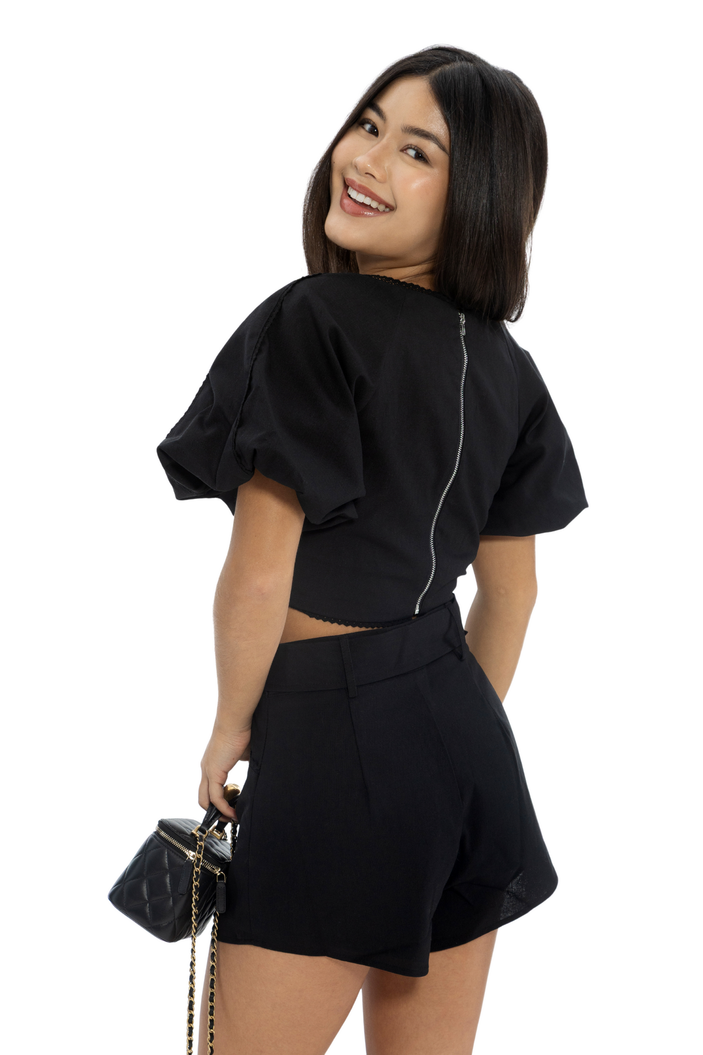 puff sleeve crop top & high-waist shorts set