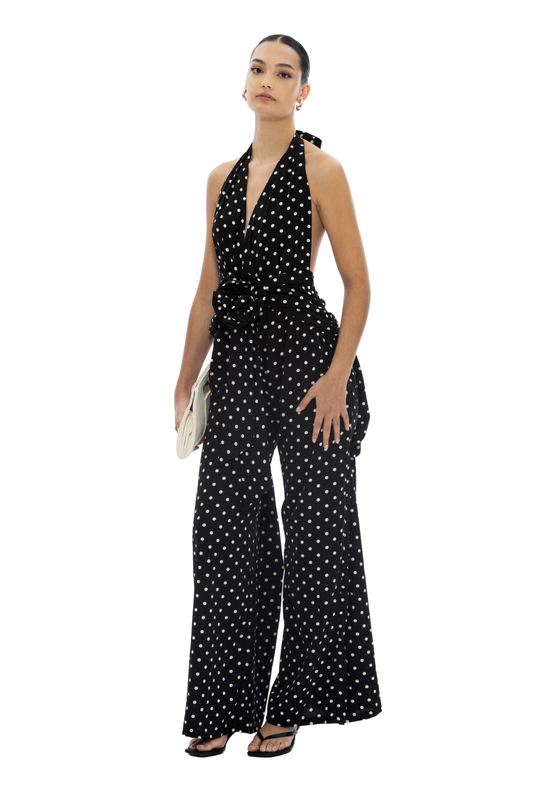 black polka dot halter jumpsuit